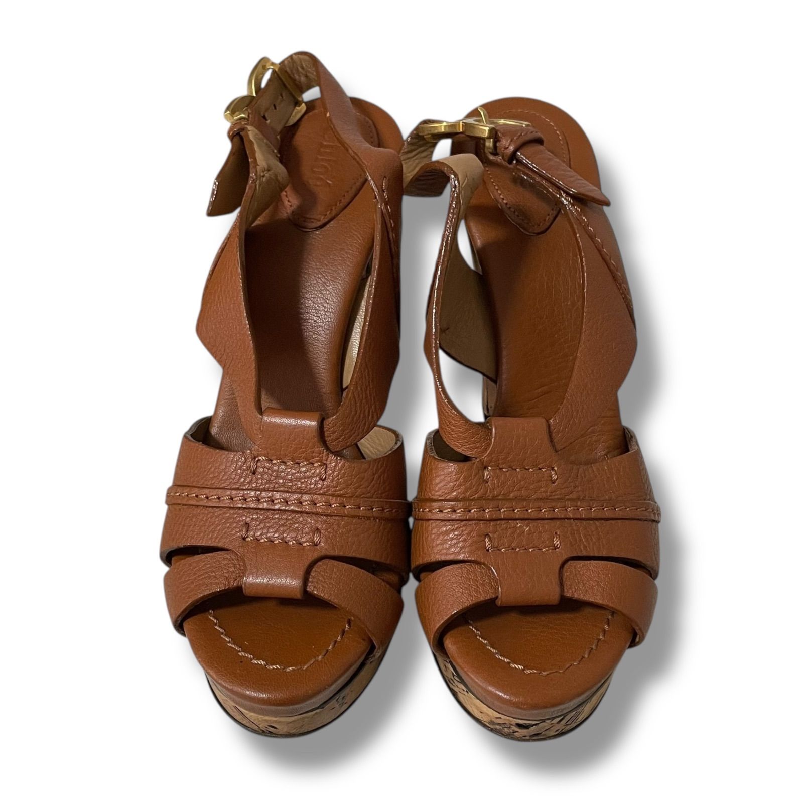 Chloé クロエ レディース レザーストラップ ウェッジサンダル 39 ブラウン タン キャメル系 本革 ウッドソール ゴールド金具 アンクルストラップ ロゴ入りインソール