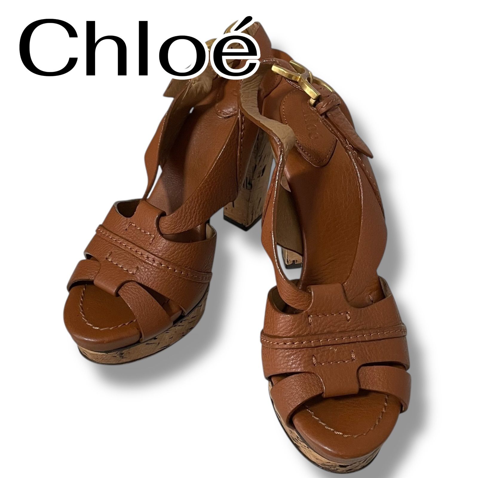 Chloé クロエ レディース レザーストラップ ウェッジサンダル 39 ブラウン タン キャメル系 本革 ウッドソール ゴールド金具 アンクルストラップ ロゴ入りインソール