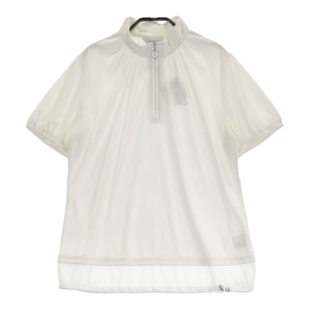 サイズ 42 LANVIN SPORT ランバン スポール 裾シフォン ハーフジップ半袖Tシャツ ホワイト系 ゴルフウェア レディース ストスト