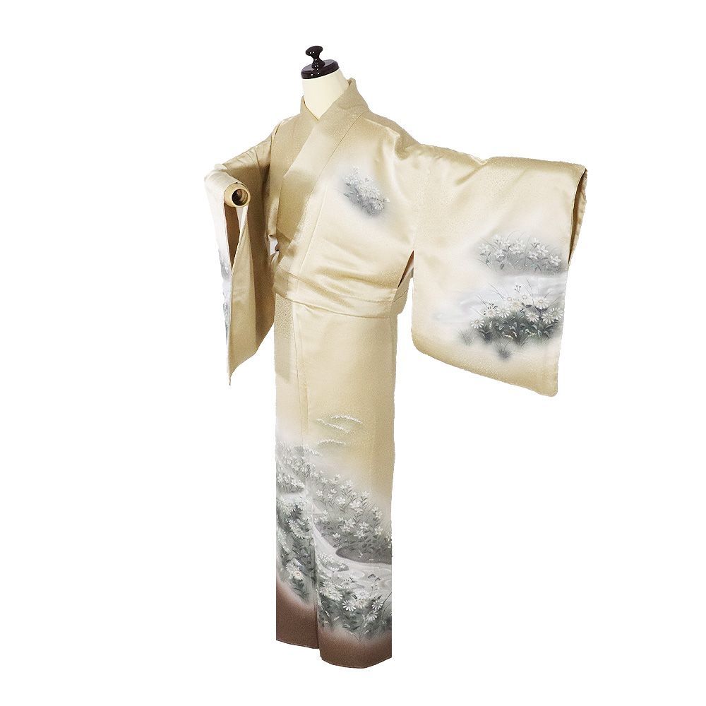 訪問着 袷 正絹 ベージュ 暈し 濡れ描き 草花 菫 コスモス 15号 S