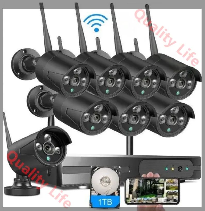 2025最新モデル 防犯カメラセット8台カメラ 500万画素 屋外IP 66防水 遠隔監視-動体検知 暗視撮影 WIFI 1 TB のハードディスク付き