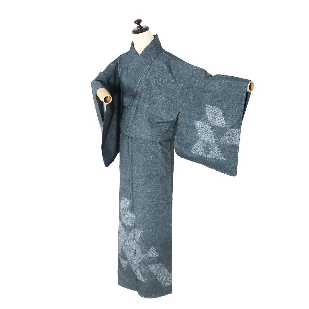 紬 訪問着 袷 正絹 緑 杢目絞り 鱗文 SSサイズ ki31452 未使用品