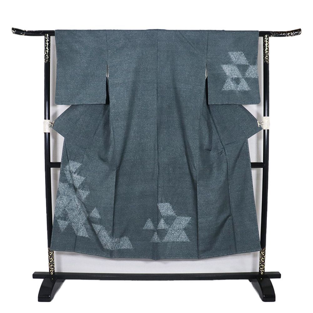 紬 訪問着 袷 正絹 緑 杢目絞り 鱗文 SSサイズ ki31452 未使用品