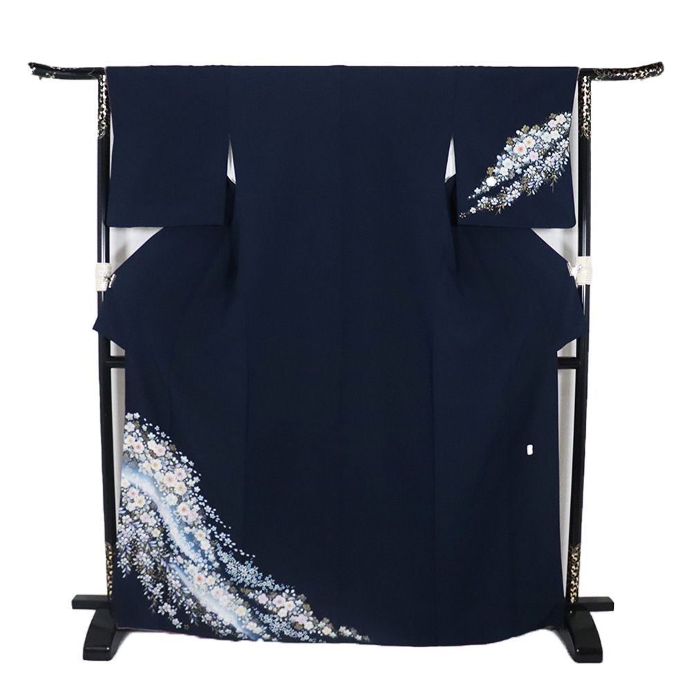 辻が花訪問着 袷 正絹 紺 絞り 辻が花 トールサイズ ki31453 美品