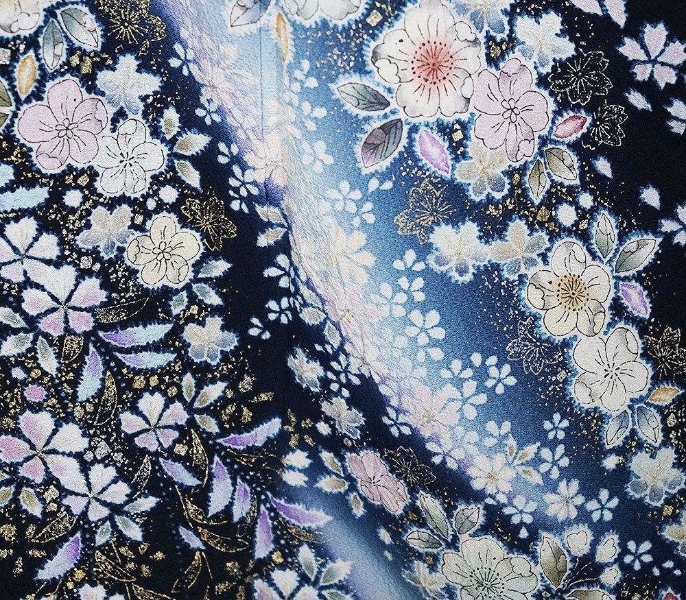 辻が花訪問着 袷 正絹 紺 絞り 辻が花 トールサイズ ki31453 美品