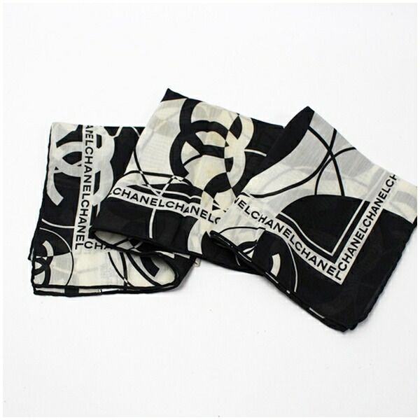 シャネル コットン シルク ミニスカーフ ブラック アイボリー ロゴ 中古 Aランク CHANEL レディース 女性 シャネル コットン シルク ミニスカーフ ブラック アイボリー ロゴ