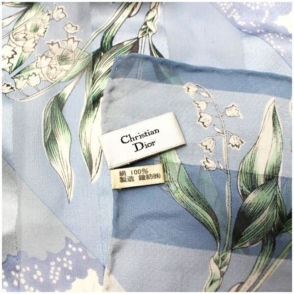 クリスチャンディオール シルク スカーフ ライトブルー 花柄 中古 AB