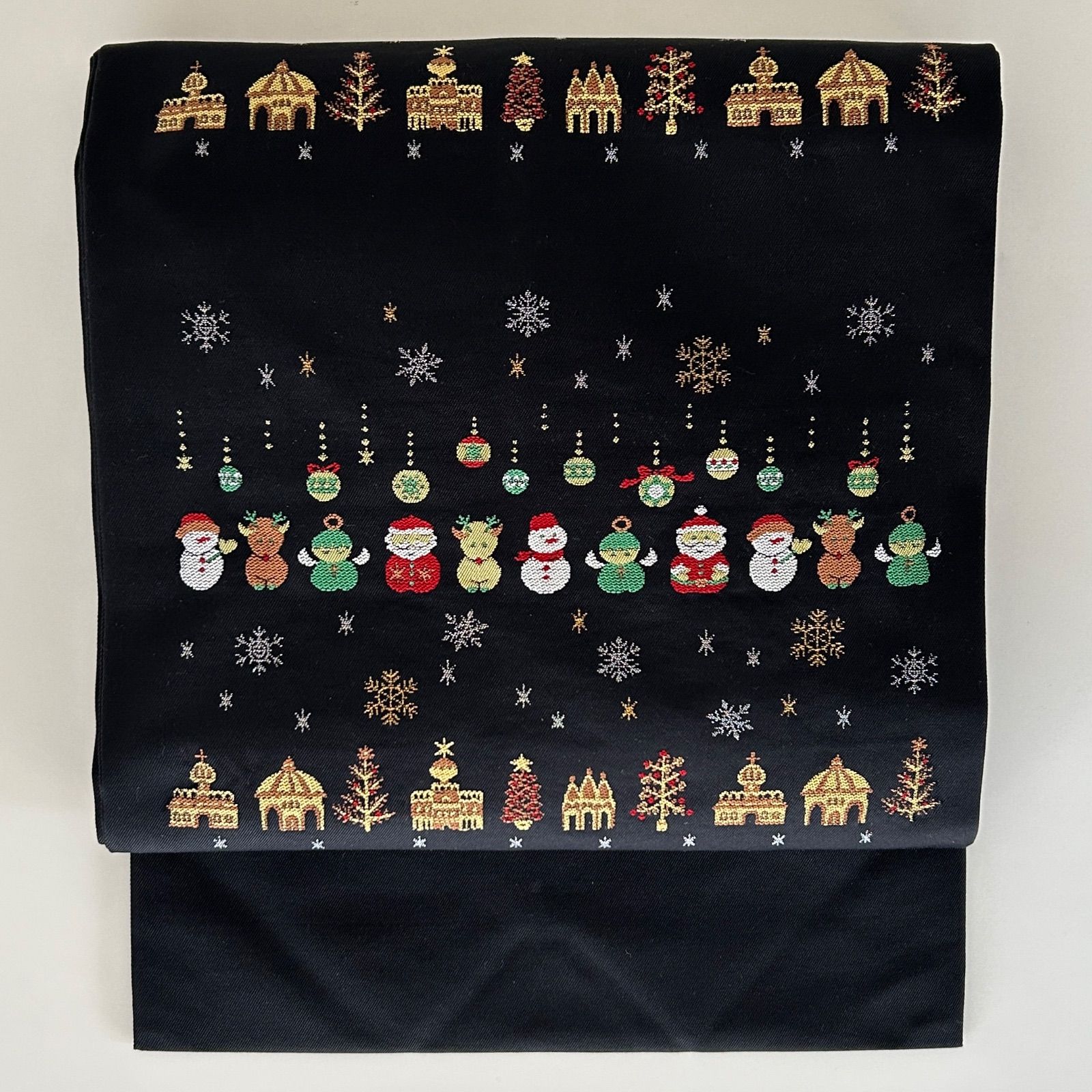 名古屋帯 黒地 塩瀬 西陣 サンタ 雪の結晶 OなA 115