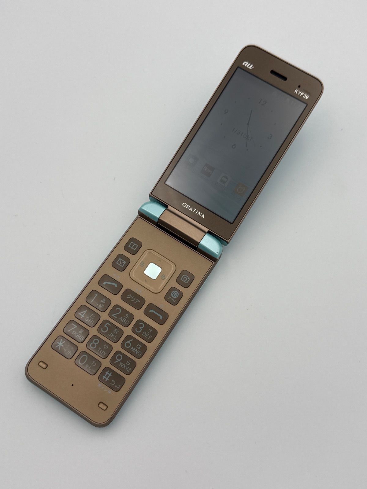 ガラ携帯 au ガラホ 京セラ GRATINA KYF39 薄水色 SIMロック解除済 折りたたみ型