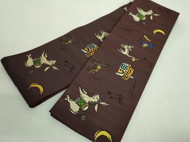 ● 上 洛風林 工芸帯地 両面 半幅帯 ブレーメンの音楽隊 猫 犬 ロバ 鳥 ピアノ kh 6