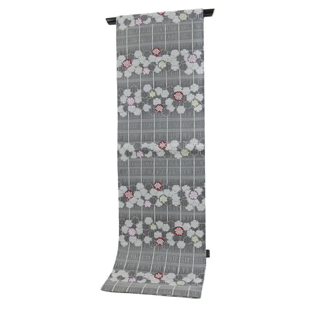 袋帯 弥栄織物 正絹 グレー 中古 雪輪 格子 リサイクル 三重組織超軽量