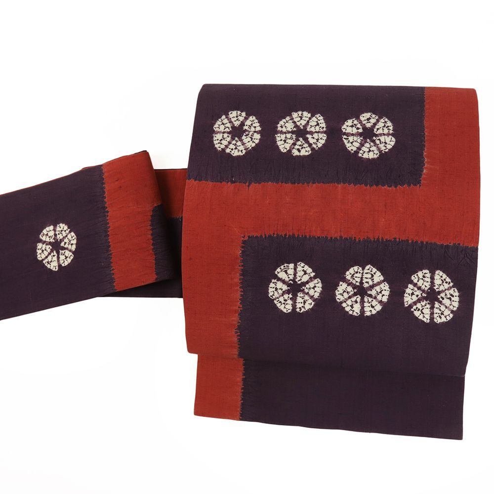 名古屋帯 紬 紫根染 正絹 紫 臙脂 帯 絞り リサイクル 草木染め カジュアル 着物 仕立て上がり No.i 6-2472