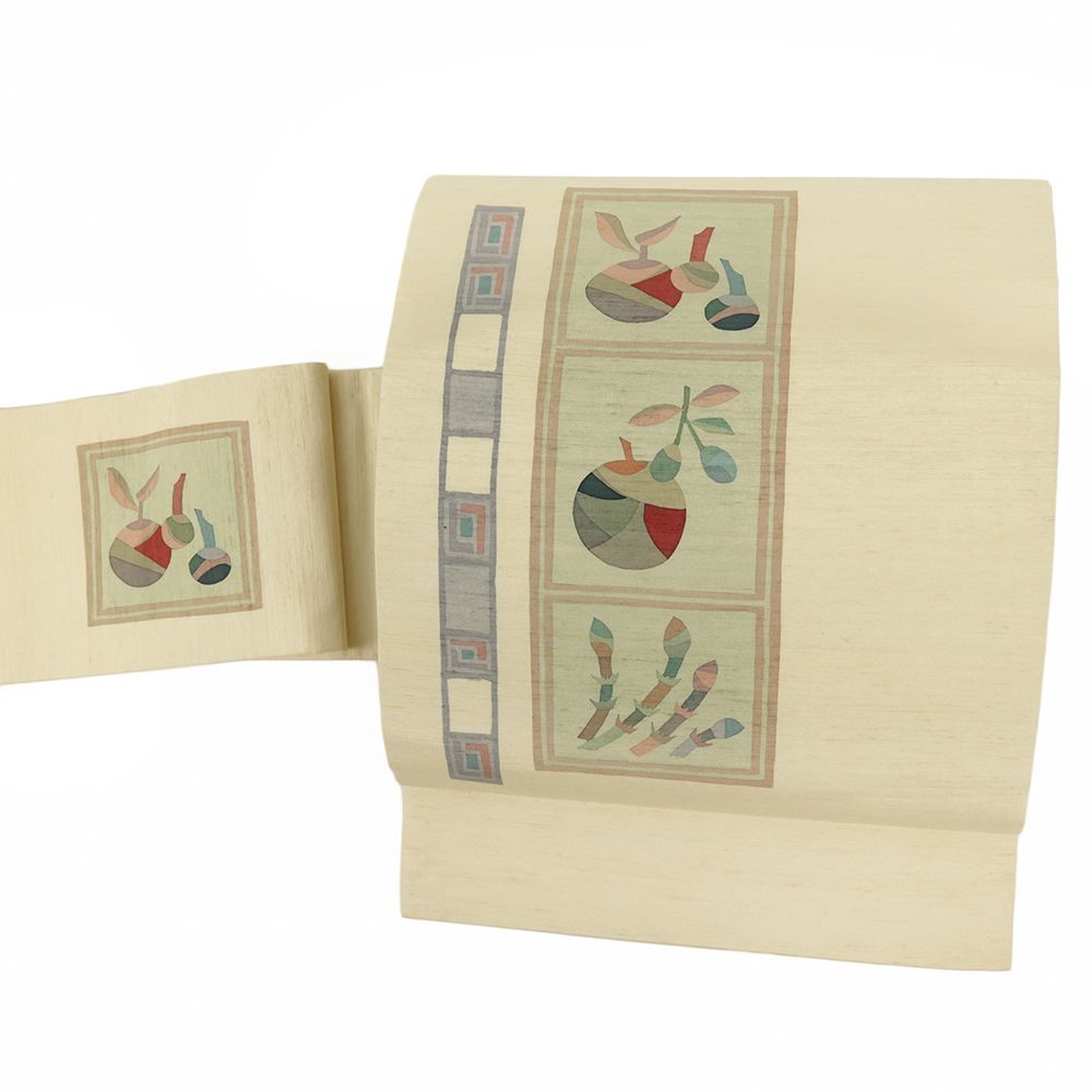 名古屋帯 牛首紬 正絹 クリーム色 春 中古 帯 リサイクル つくし