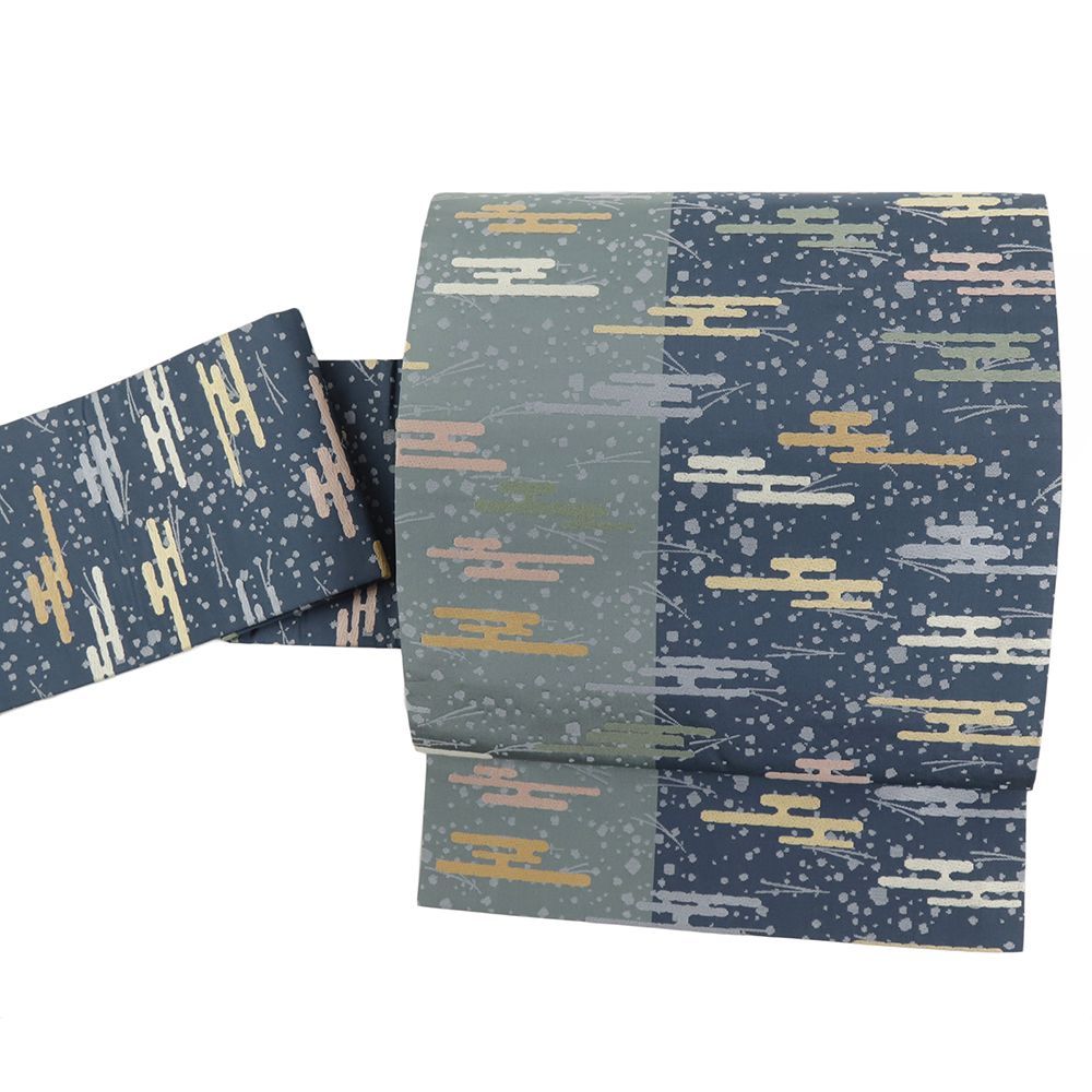 名古屋帯 正絹 青 緑 ヱ霞 唐織 リサイクル カジュアル お洒落 仕立て上がり 九寸 No.i 6-2475