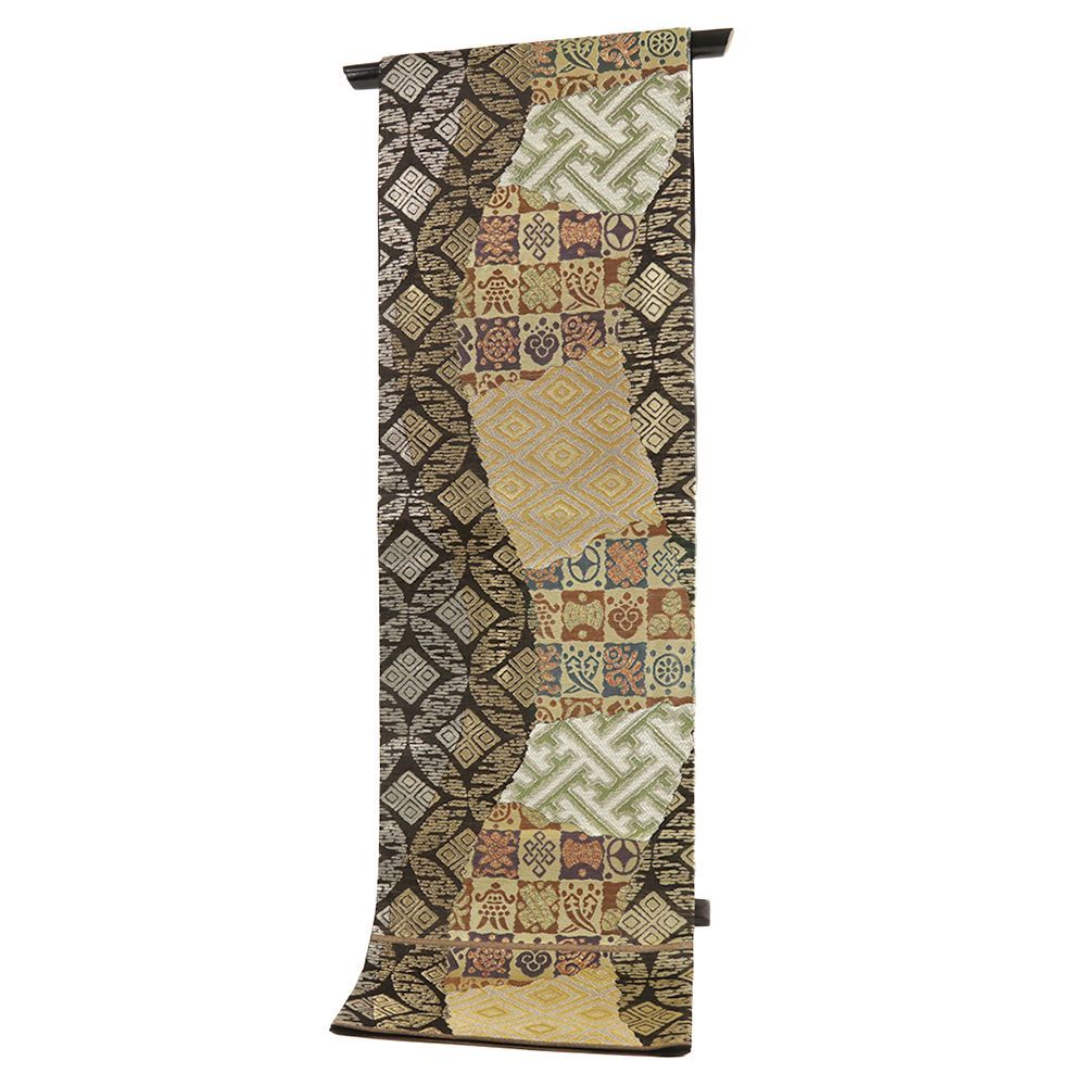 袋帯 誉田屋源兵衛 正絹 中古 焦げ茶 黒 金 宝尽くし 七宝 菱