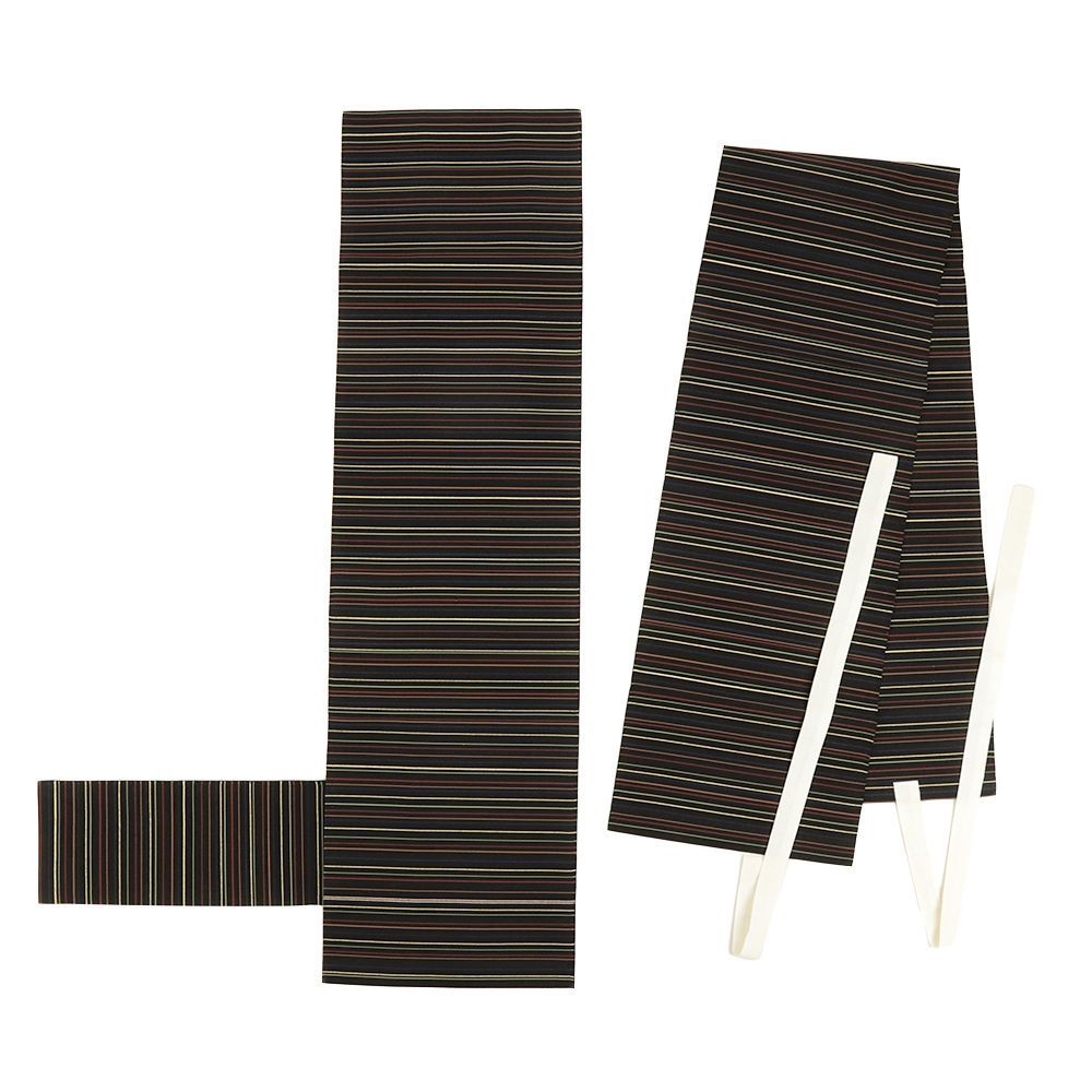 作り帯 本爪綴れ 名古屋帯 正絹 黒 横段 マルチカラー 金 リサイクル お太鼓 ワンタッチ帯 軽装帯 二部式 付帯 カジュアル No.i 6-2492