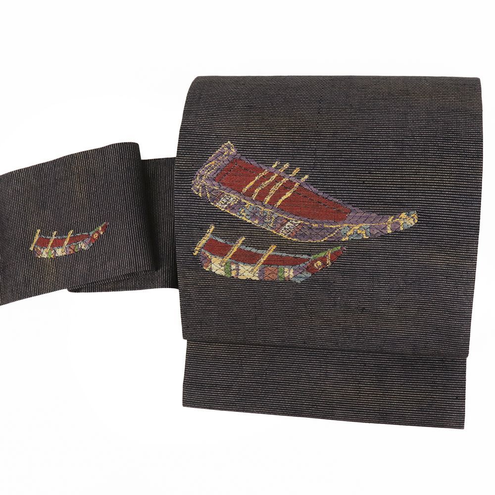 名古屋帯 正絹 和紙織 墨黒 船 唐織 リサイクル 帯 手織 カジュアル 着物 仕立て上がり 九寸 No.i 6-2482