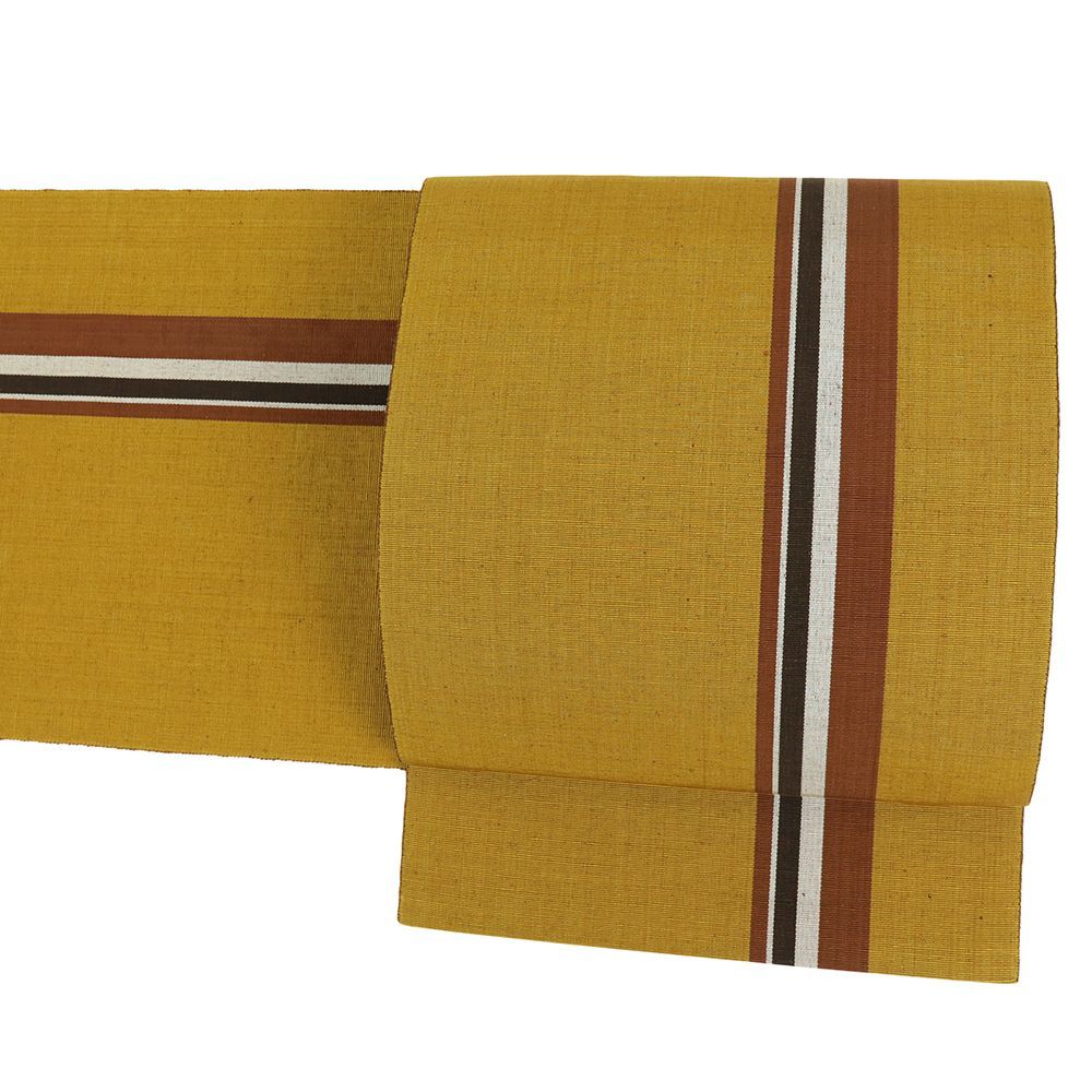 名古屋帯 黄八丈 中古 正絹 ベージュ 黄茶 縞 仕立て上がり カジュアル