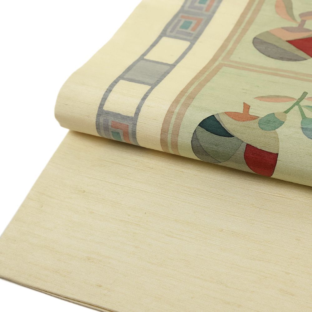 名古屋帯 牛首紬 正絹 クリーム色 春 中古 帯 リサイクル つくし