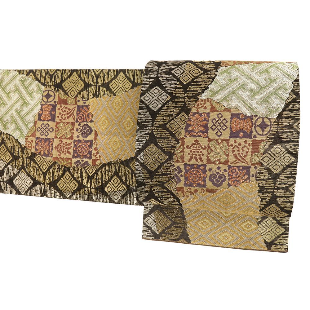 袋帯 誉田屋源兵衛 正絹 中古 焦げ茶 黒 金 宝尽くし 七宝 菱