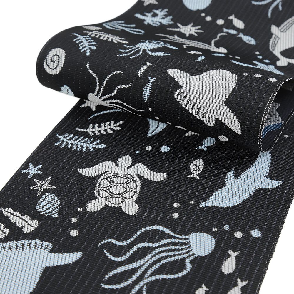  半幅帯 博多織 博多帯 黒 イルカ 魚 亀 海 未仕立て 長尺 カジュアル ユニーク No.5-0391 半巾 半幅 小袋帯 帯