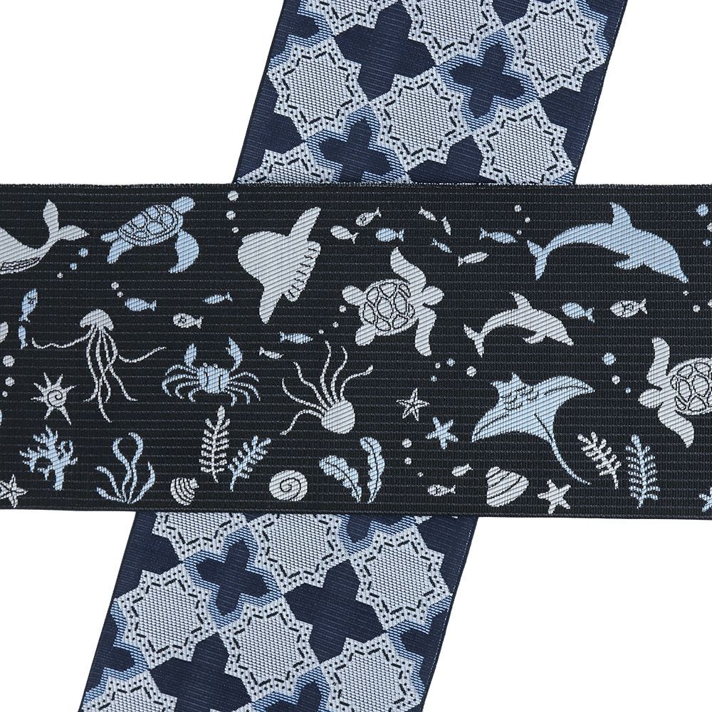 半幅帯 博多織 博多帯 黒 イルカ 魚 亀 海 未仕立て 長尺 カジュアル ユニーク 可愛い No.5-0391