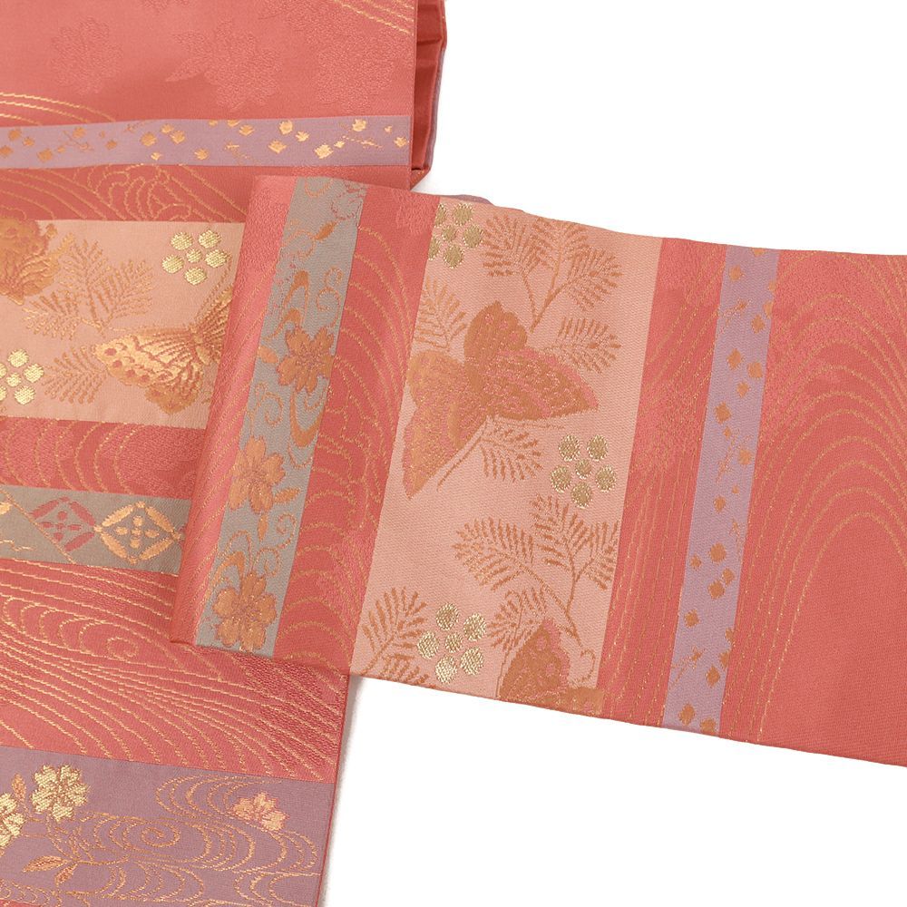  名古屋帯 正絹 赤 ピンク 蝶 桜 流水 観世水 紅葉 横段 金 リサイクル カジュアル お洒落 仕立て上がり 九寸 No.i 6-2470 名古屋帯 帯