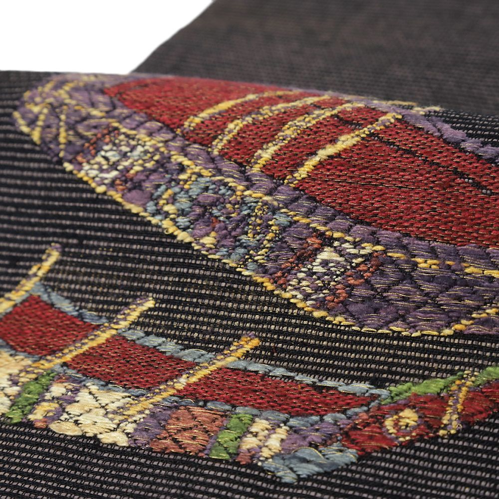  名古屋帯 正絹 和紙織 墨黒 船 唐織 リサイクル 帯 手織 カジュアル 着物 仕立て上がり 九寸 No.i 6-2482 名古屋帯 帯