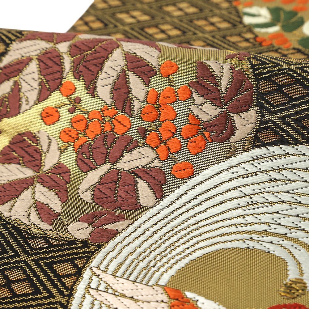 袋帯 誉田屋源兵衛 正絹 新古品 金 黒 菱 鳳凰 葡萄 リサイクル 唐織