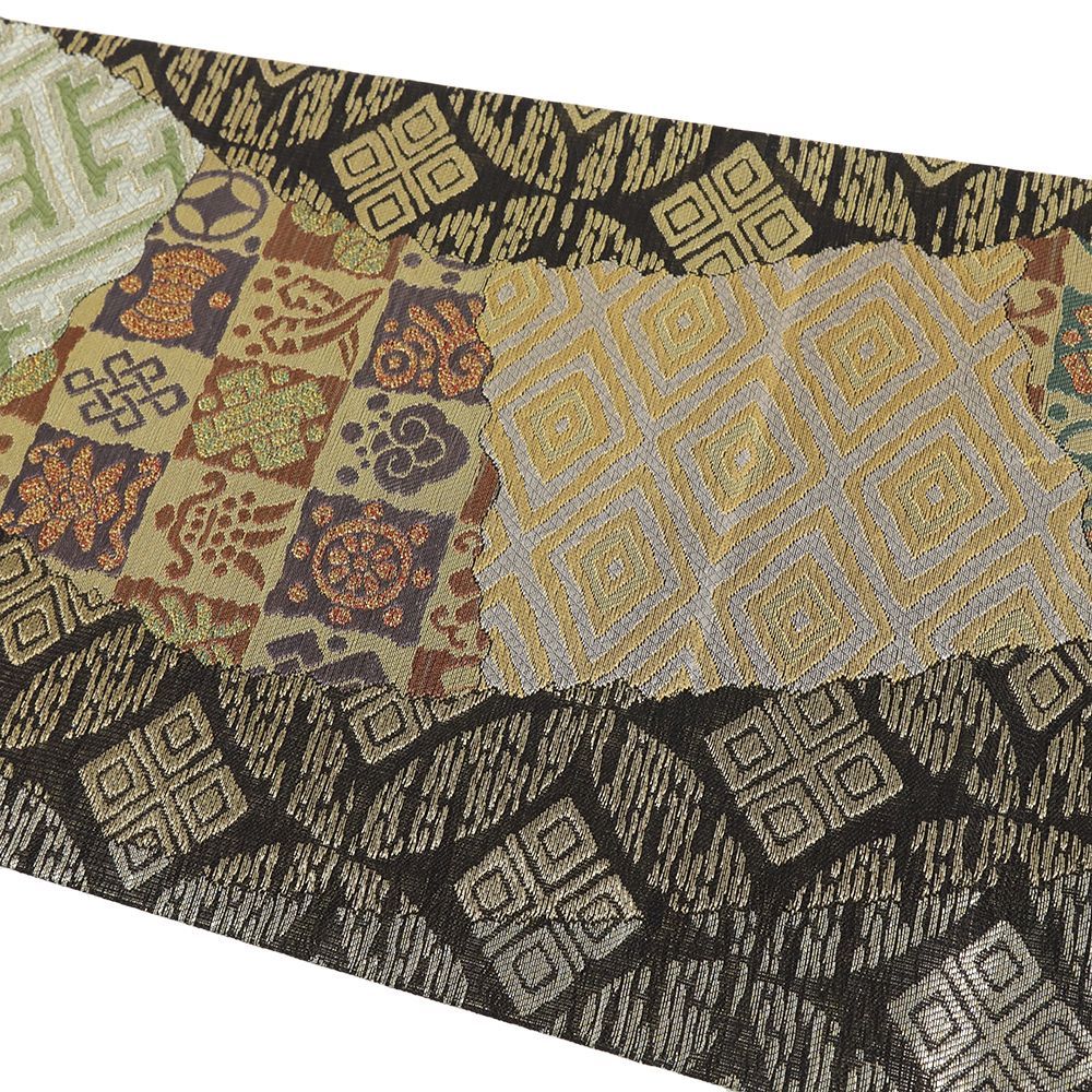 袋帯 誉田屋源兵衛 正絹 中古 焦げ茶 黒 金 宝尽くし 七宝 菱