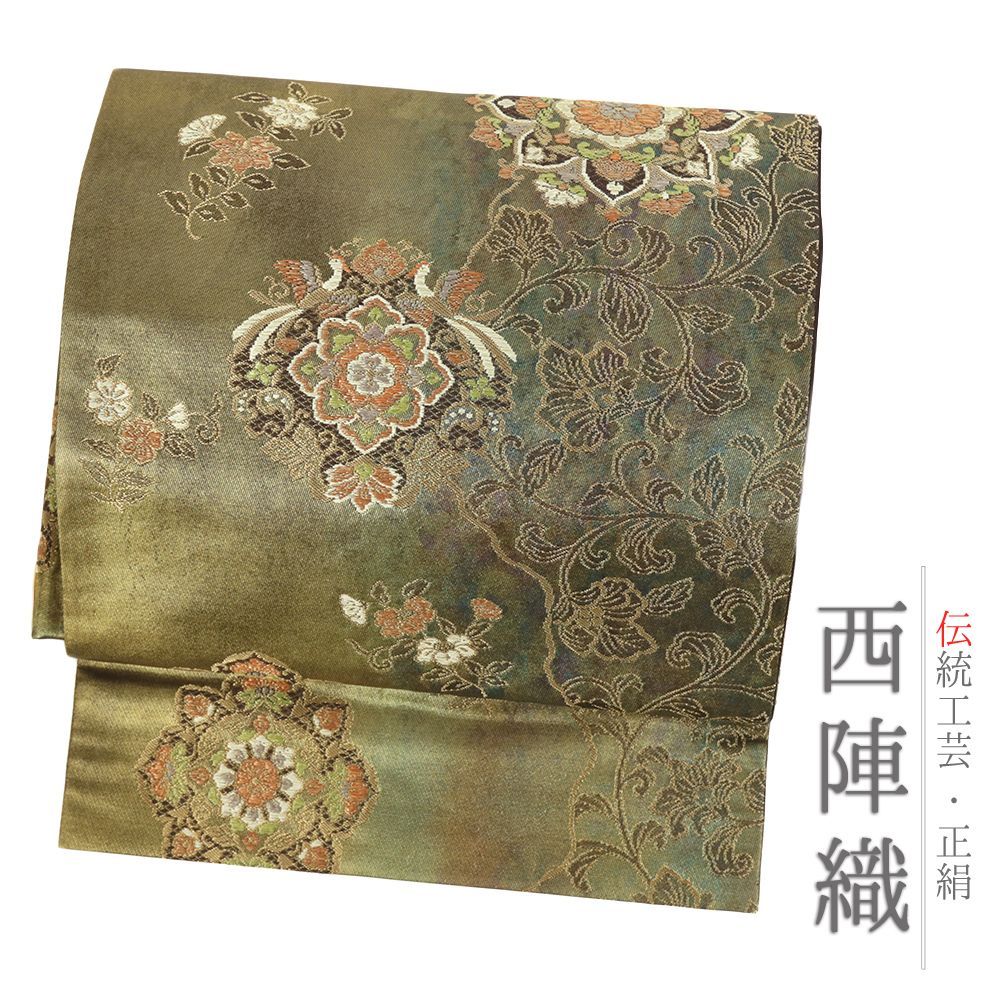 作り帯 金 中古 袋帯 二重太鼓 正絹 華文 花唐草 付帯 フォーマル 唐織