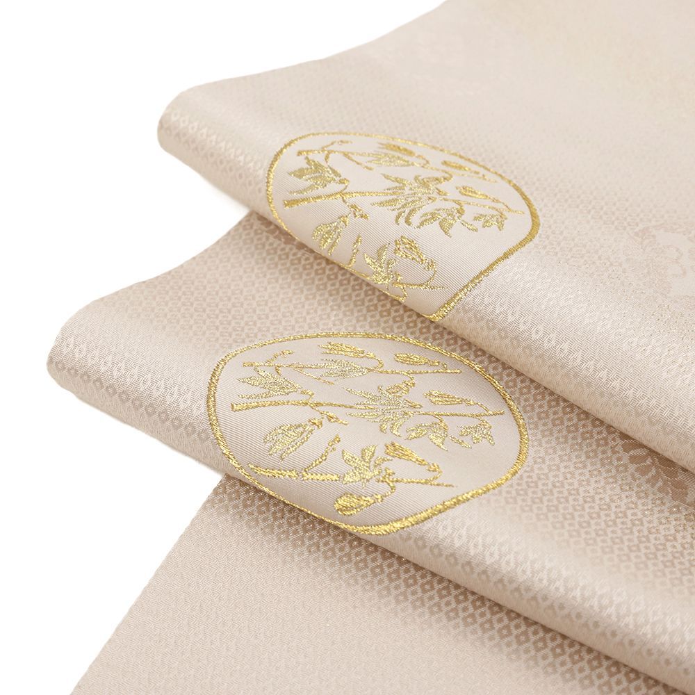 袋帯 ピンクベージュ 金 正絹 太鼓柄 三通 花菱 花の丸 リサイクル