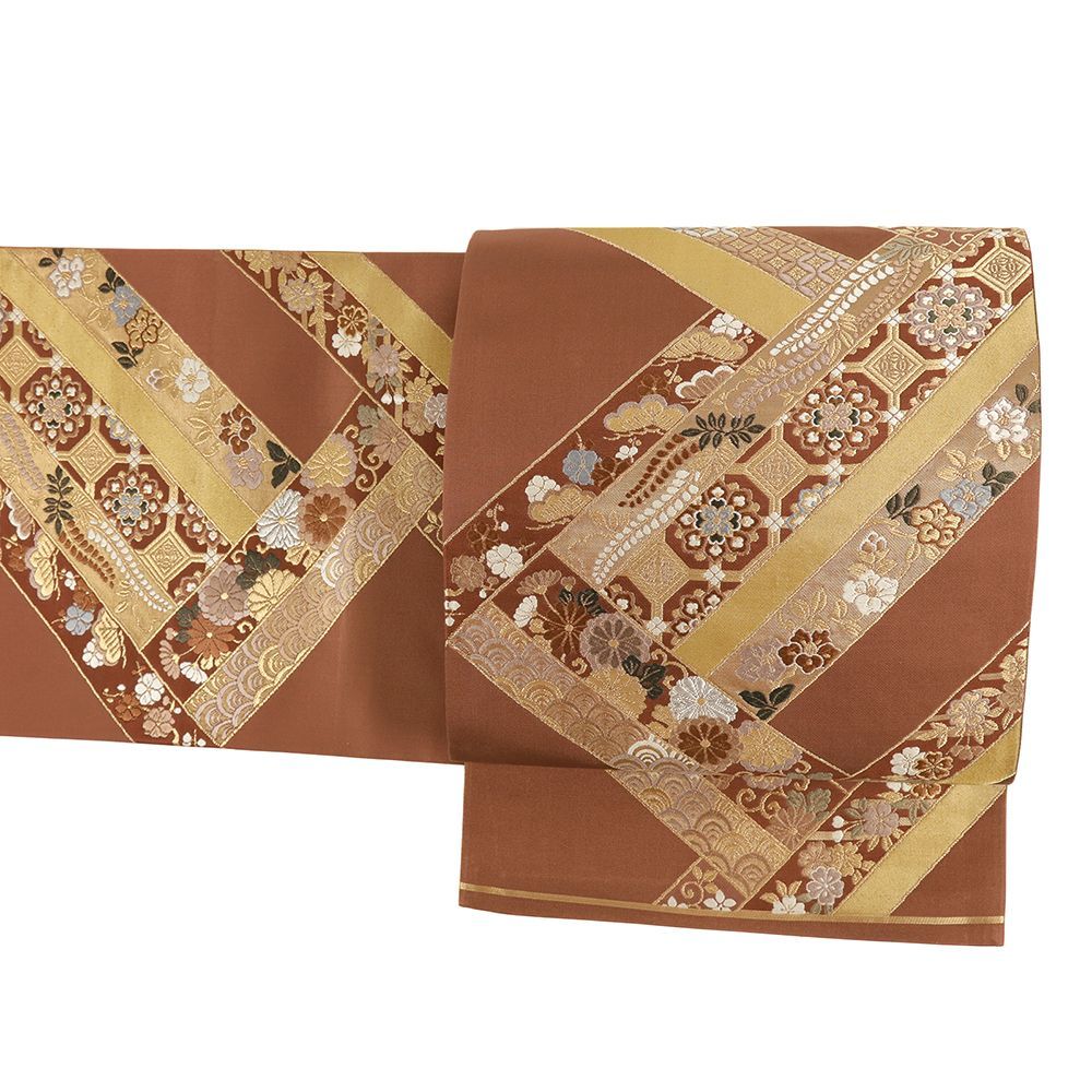 袋帯 中古 正絹 茶 金 花唐草 華文 七宝 藤 松 梅 桜 椿 菊 青海波