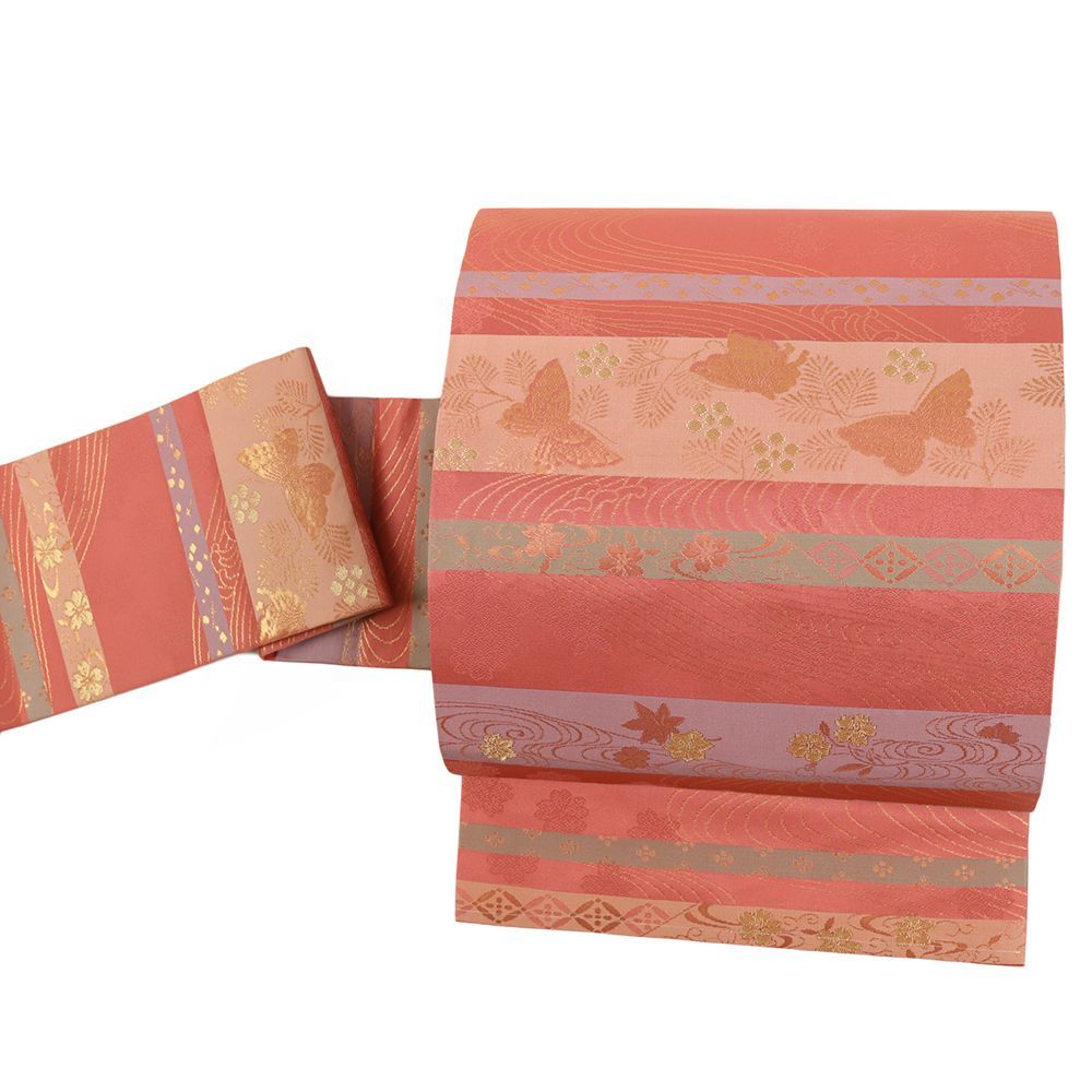 名古屋帯 正絹 赤 ピンク 蝶 桜 流水 観世水 紅葉 横段 金 新古品