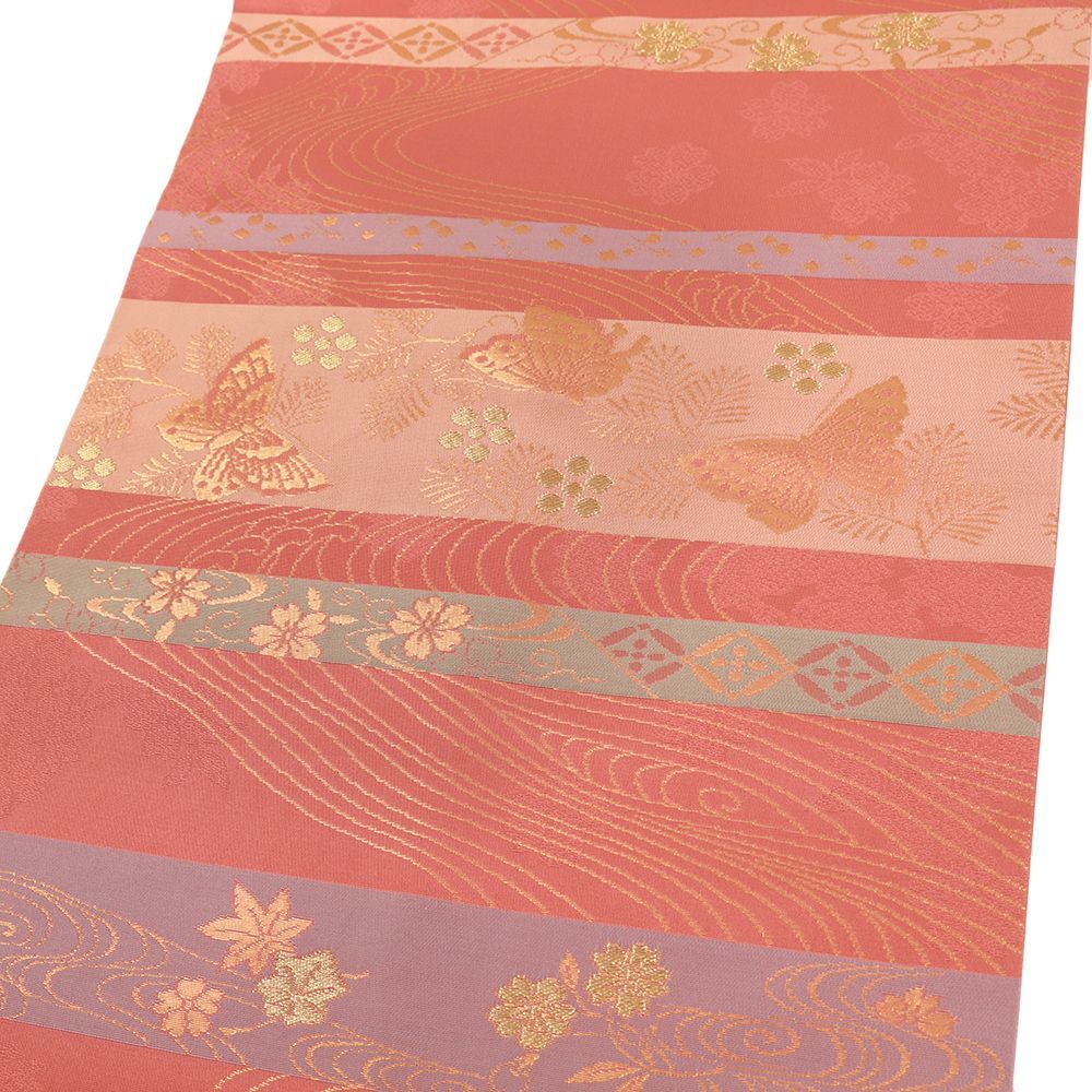 名古屋帯 正絹 赤 ピンク 蝶 桜 流水 観世水 紅葉 横段 金 新古品