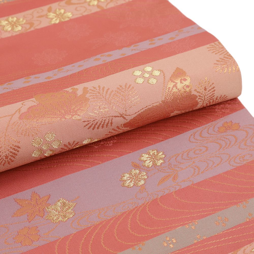 名古屋帯 正絹 赤 ピンク 蝶 桜 流水 観世水 紅葉 横段 金 新古品