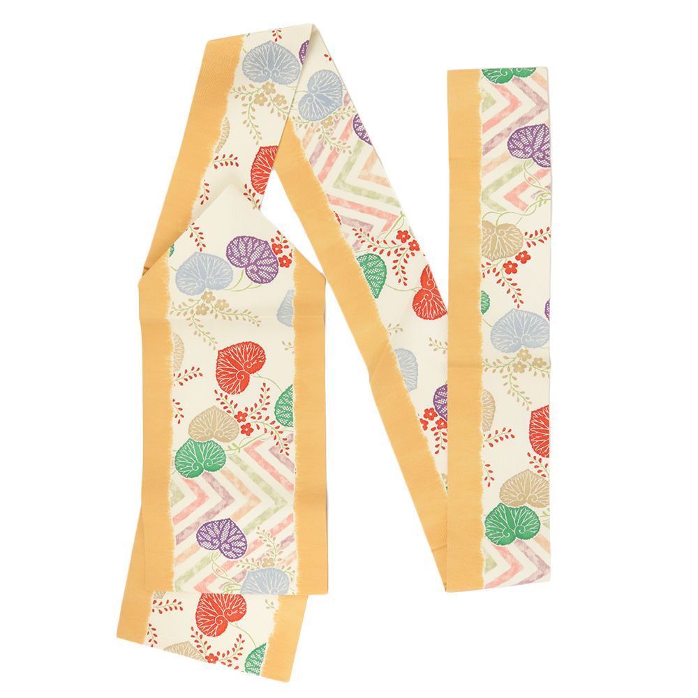 ⑥⑦⑥京都 多ち花 摺型友禅 縮緬 全通柄 名古屋帯 正絹 未使用品 名古屋帯 白 正絹 多ち花 摺り友禅 新古品 花 橘 絞り 帯 リサイクル