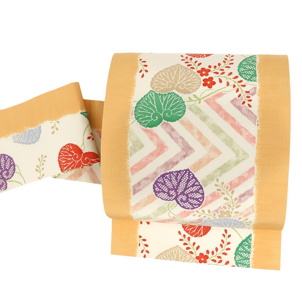 名古屋帯 白 正絹 多ち花 摺り友禅 花 橘 絞り 帯 リサイクル カジュアル お洒落 仕立て上がり 九寸 No.i 6-2495