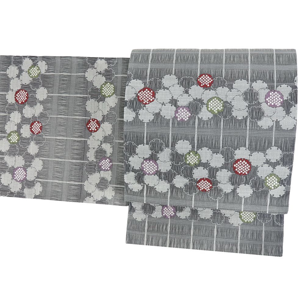 袋帯 弥栄織物 正絹 グレー 雪輪 格子 リサイクル 三重組織超軽量全通