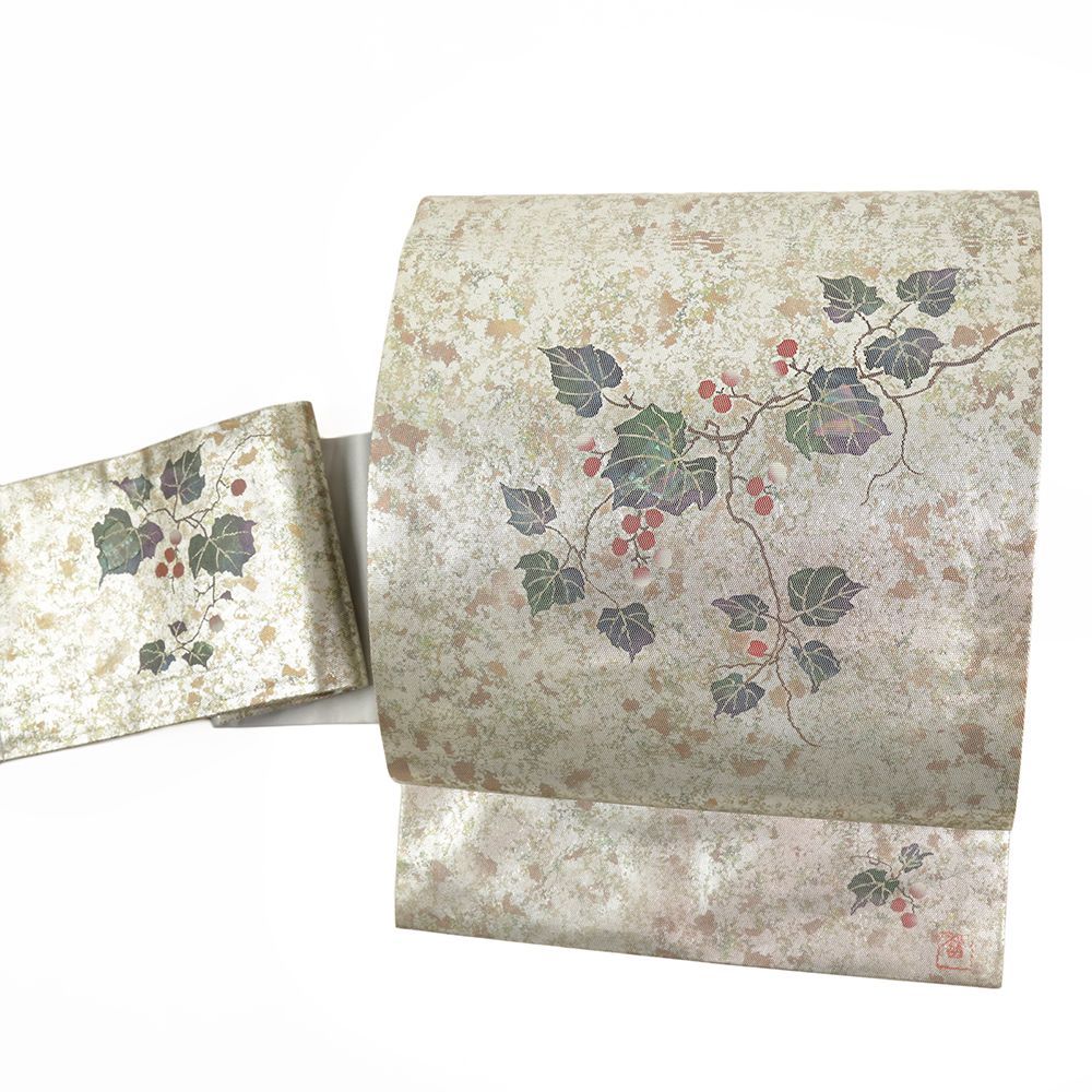 名古屋帯 螺鈿 正絹 引箔 グレー 葡萄唐草 リサイクル カジュアル お洒落 仕立て上がり 九寸 No.i 6-2474