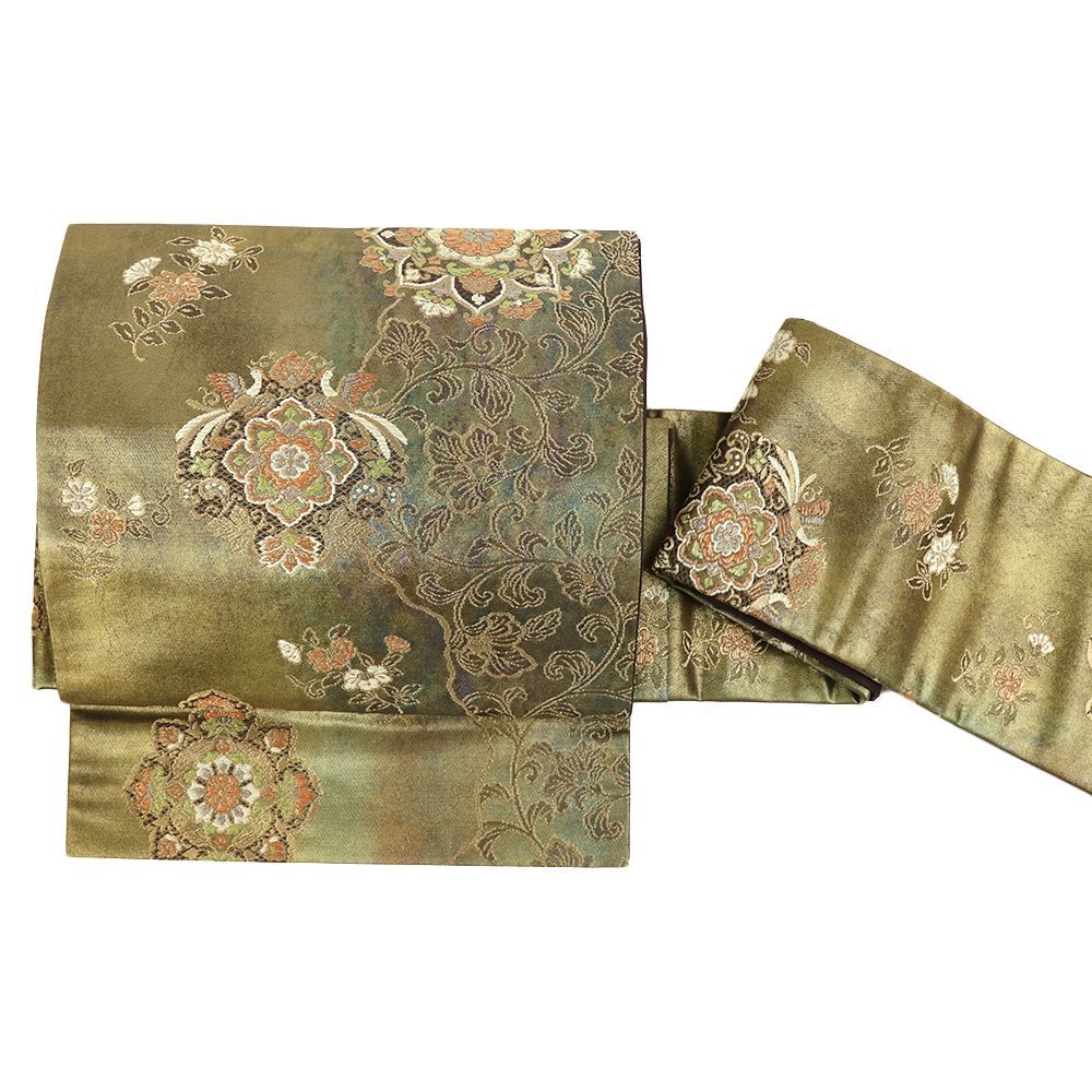 作り帯 金 袋帯 二重太鼓 正絹 華文 花唐草 付帯 フォーマル 唐織 西陣織 引箔 リサイクル お太鼓 ワンタッチ帯 軽装帯 No.i 6-2491