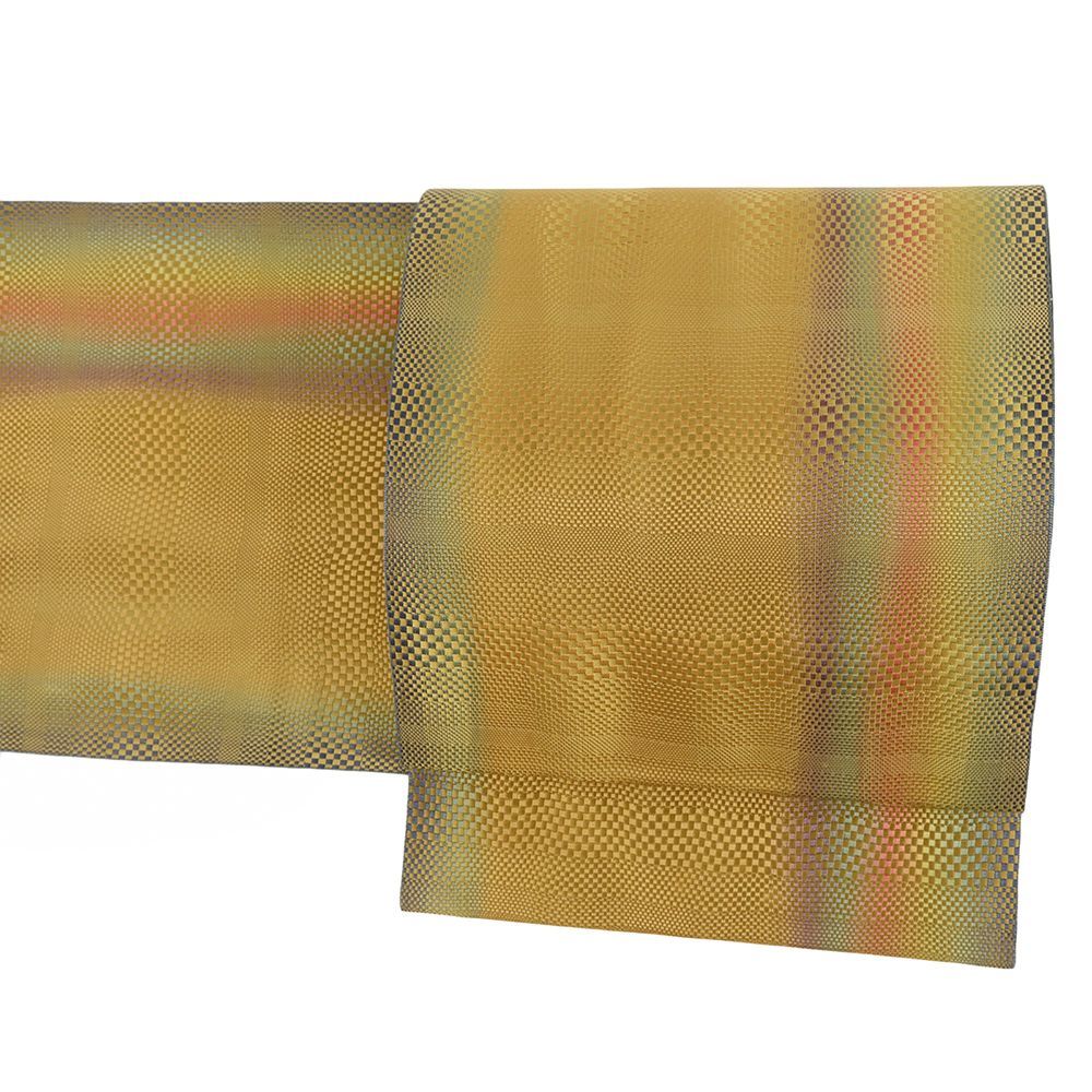 博多織 名古屋帯 正絹 黄色 黄茶 仕立て上がり カジュアル お洒落 八寸名古屋帯 No.i 6-2479