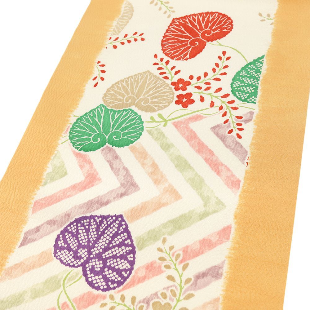 ⑥⑦⑥京都 多ち花 摺型友禅 縮緬 全通柄 名古屋帯 正絹 未使用品 名古屋帯 白 正絹 多ち花 摺り友禅 新古品 花 橘 絞り 帯 リサイクル