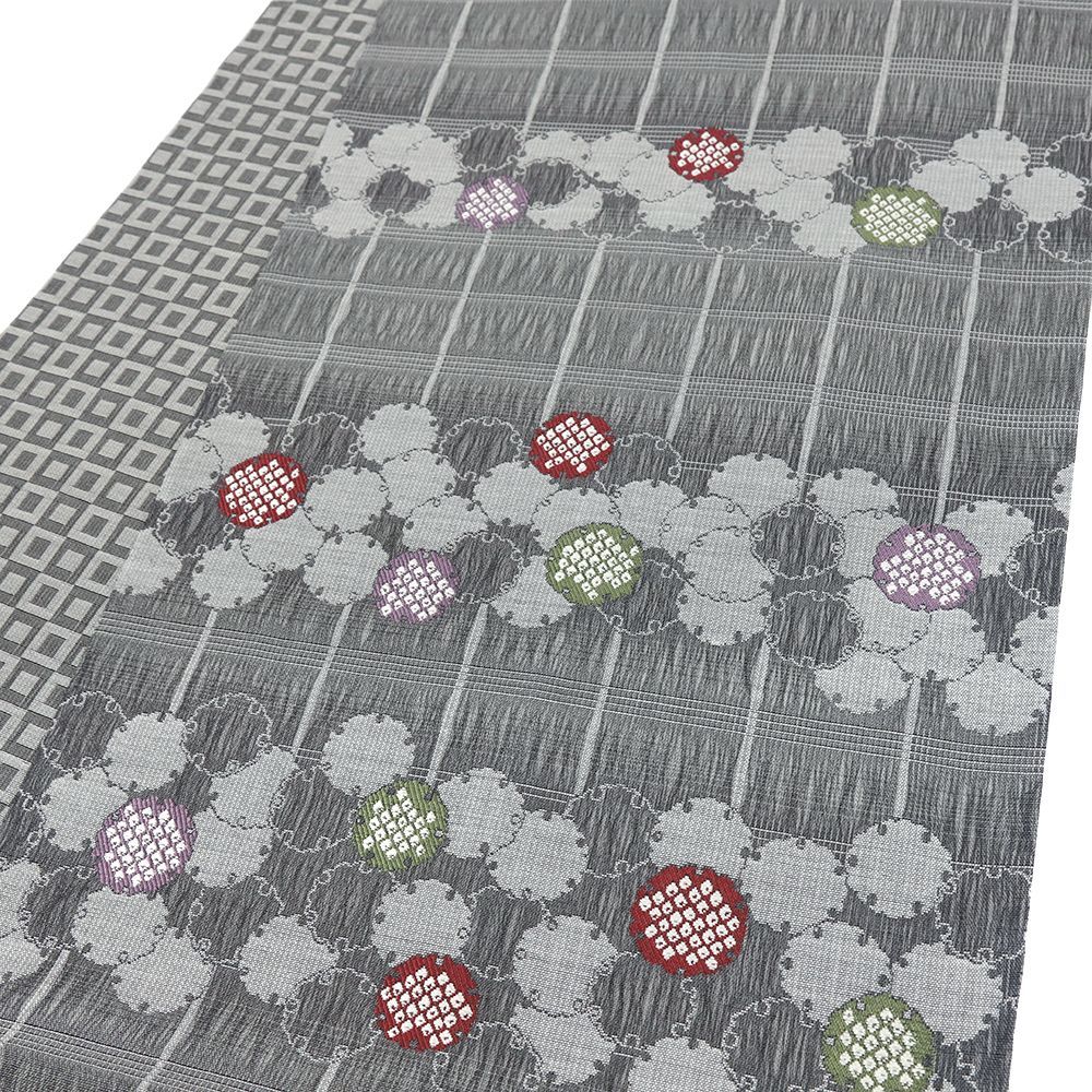 袋帯 弥栄織物 正絹 グレー 雪輪 格子 リサイクル 三重組織超軽量全通