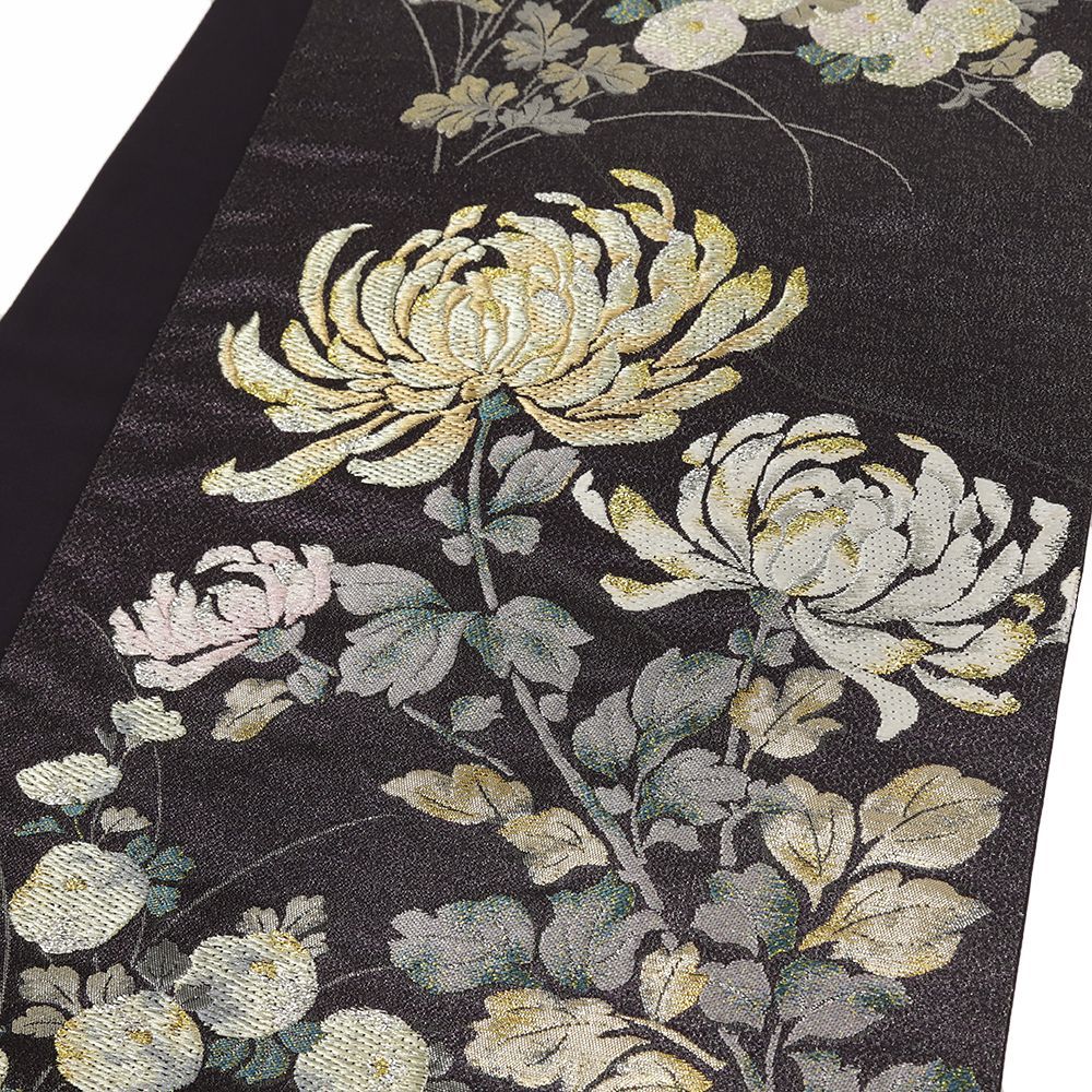 袋帯 中古 正絹 黒 銀通し 花 菊 リサイクル 帯 礼装用 セミフォーマル
