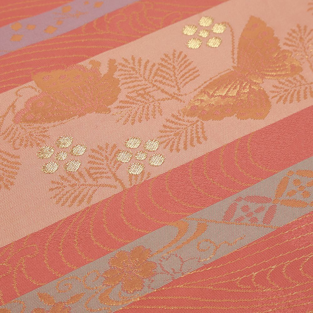 名古屋帯 正絹 赤 ピンク 蝶 桜 流水 観世水 紅葉 横段 金 新古品