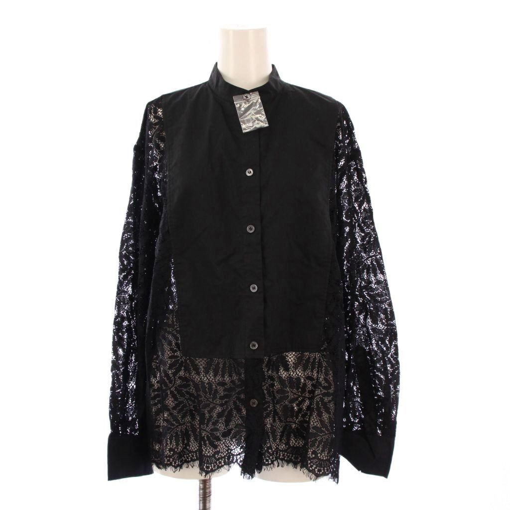 セオリーリュクス theory luxe 25SS GRACE LACE COMBO DAMIE BLOUSE グレースレースコンボダミエブラウス シャツ 長袖 バンドカラー 切替 ワンカラー 38 黒 ブラック 03-5208225 /BB