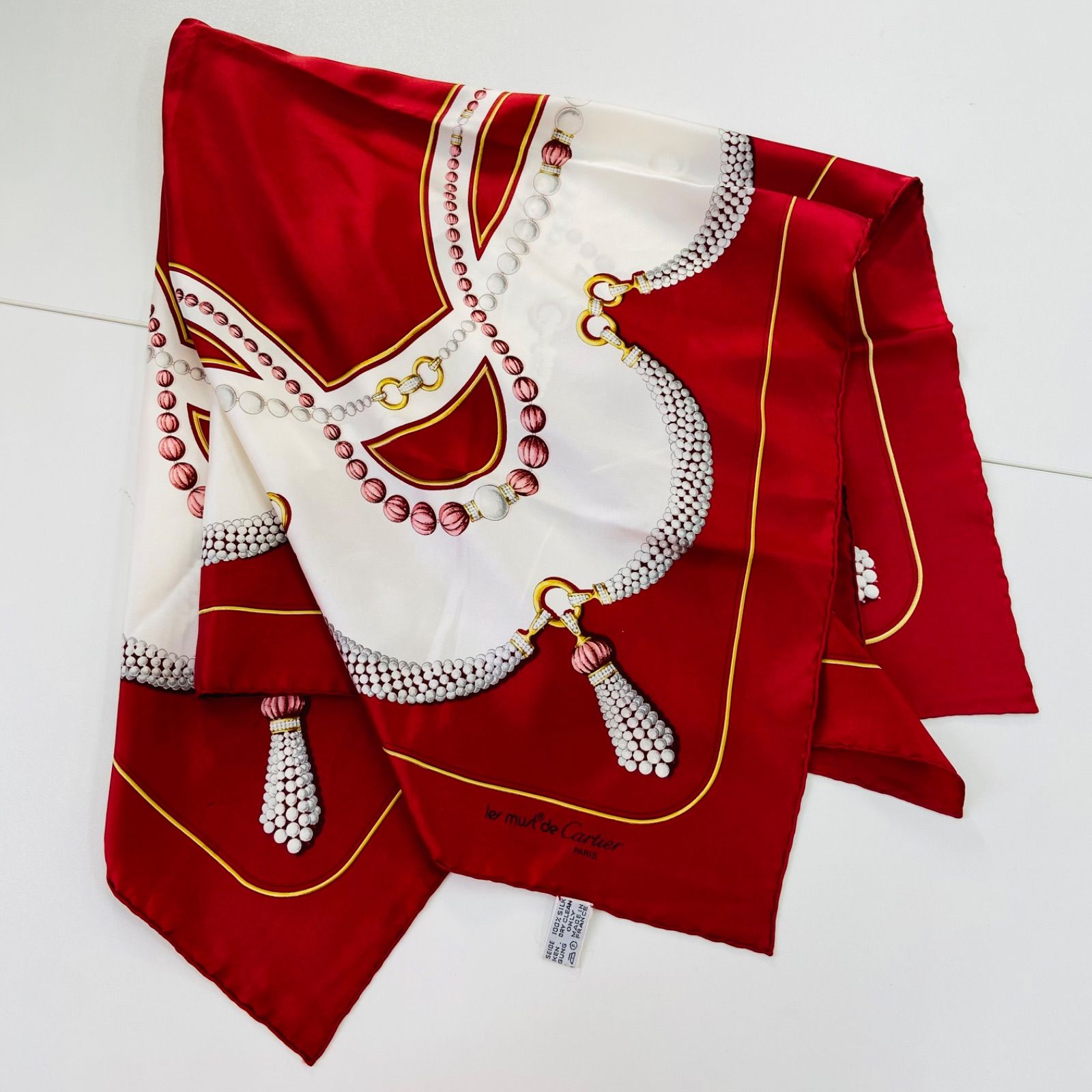 Cartier カルティエ 大判 パールネックレス柄 ワインレッド レディース スカーフ