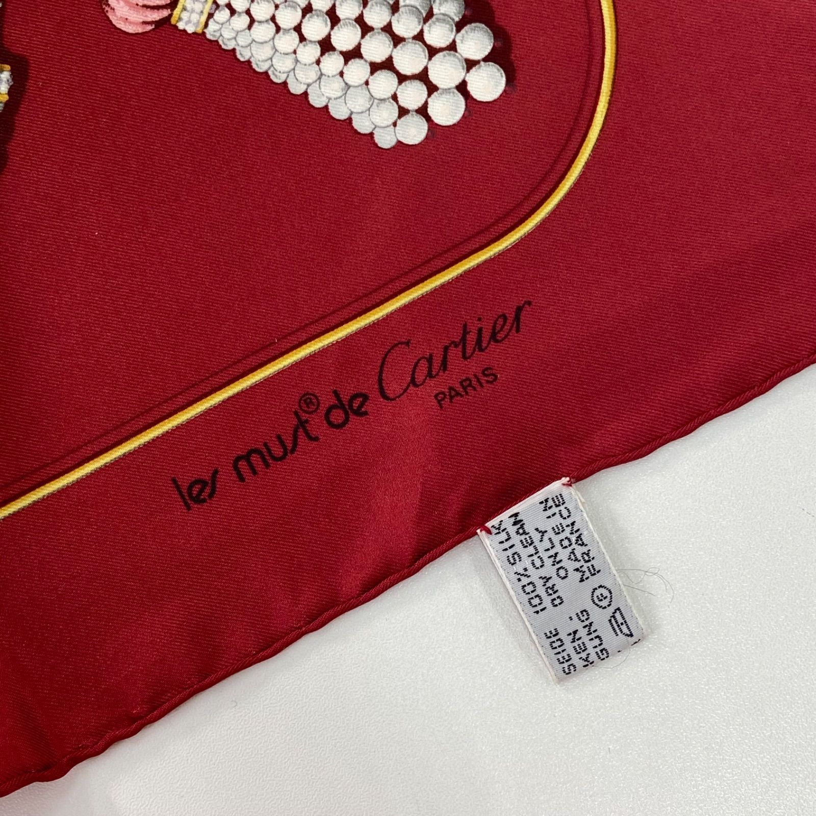  Cartier カルティエ 大判 パールネックレス柄 ワインレッド レディース スカーフ バンダナ スカーフ 小物