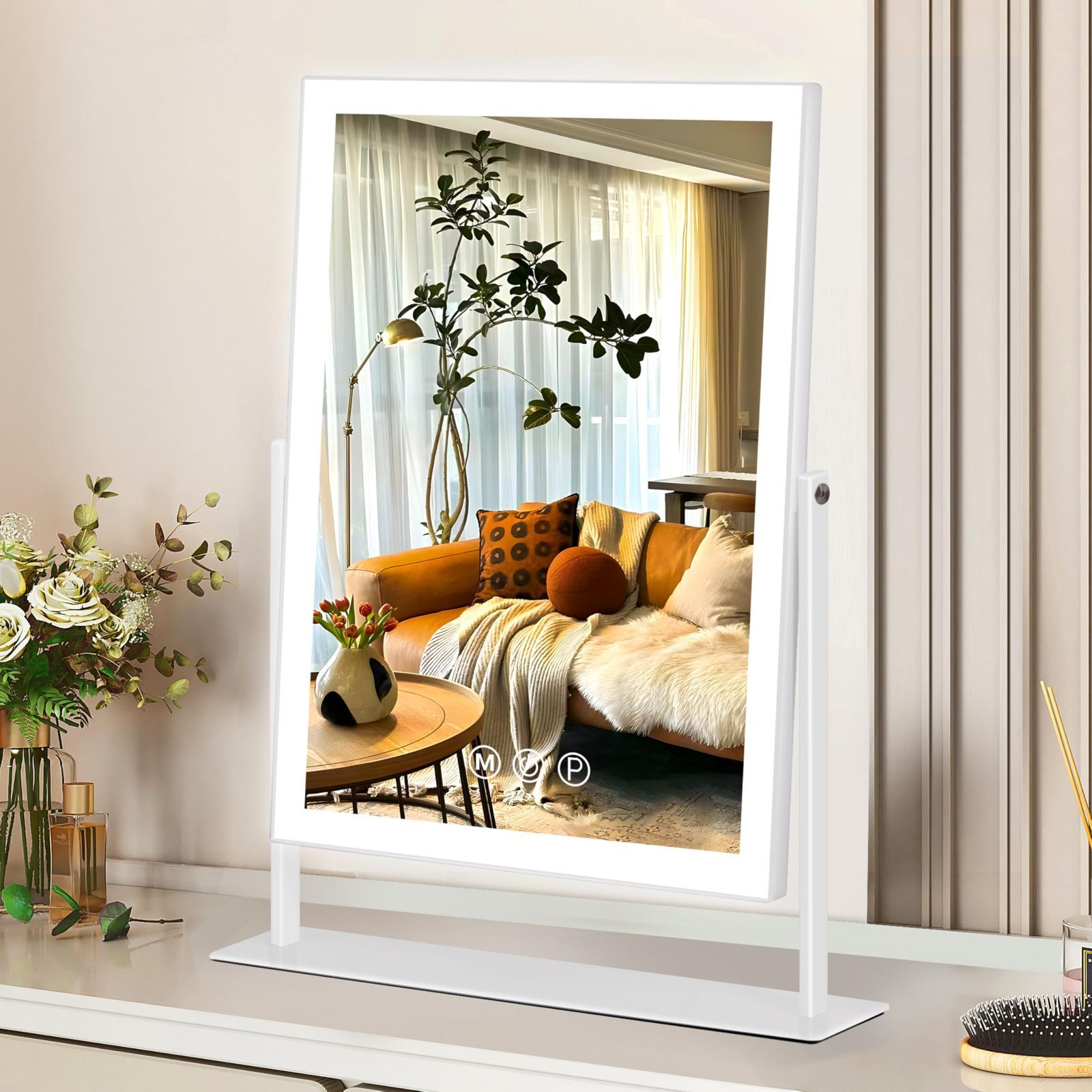 Hansong 女優ミラー 鏡 卓上 ハリウッドミラー ライト付き 化粧鏡 三色照明モード 無段階調光 10倍拡大鏡付き 360度回転 LED ライトストラップ 30 x 41 cm